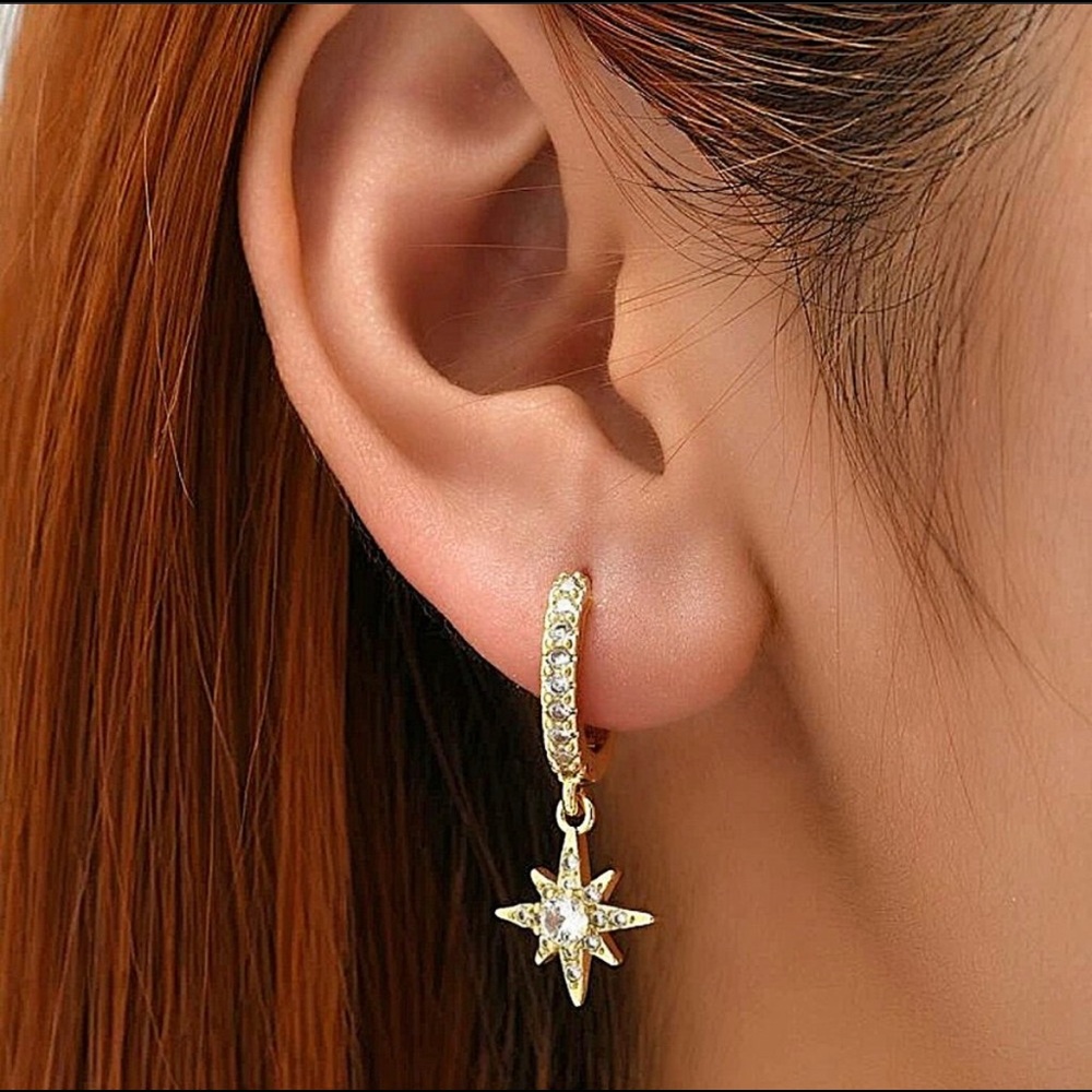 18K Gold Plated Cubic Zirconia Hanging Star Charm Earrings